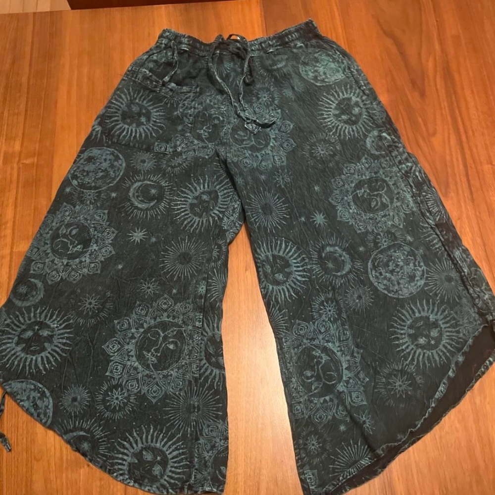 Bohemian Wide-Leg Pants with Sun and Moon Design